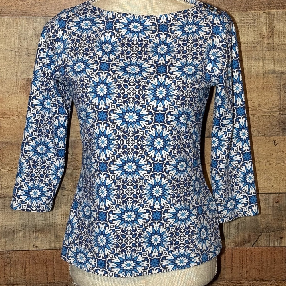 J. McLaughlin Blue and White Floral Medallion Boatneck Top